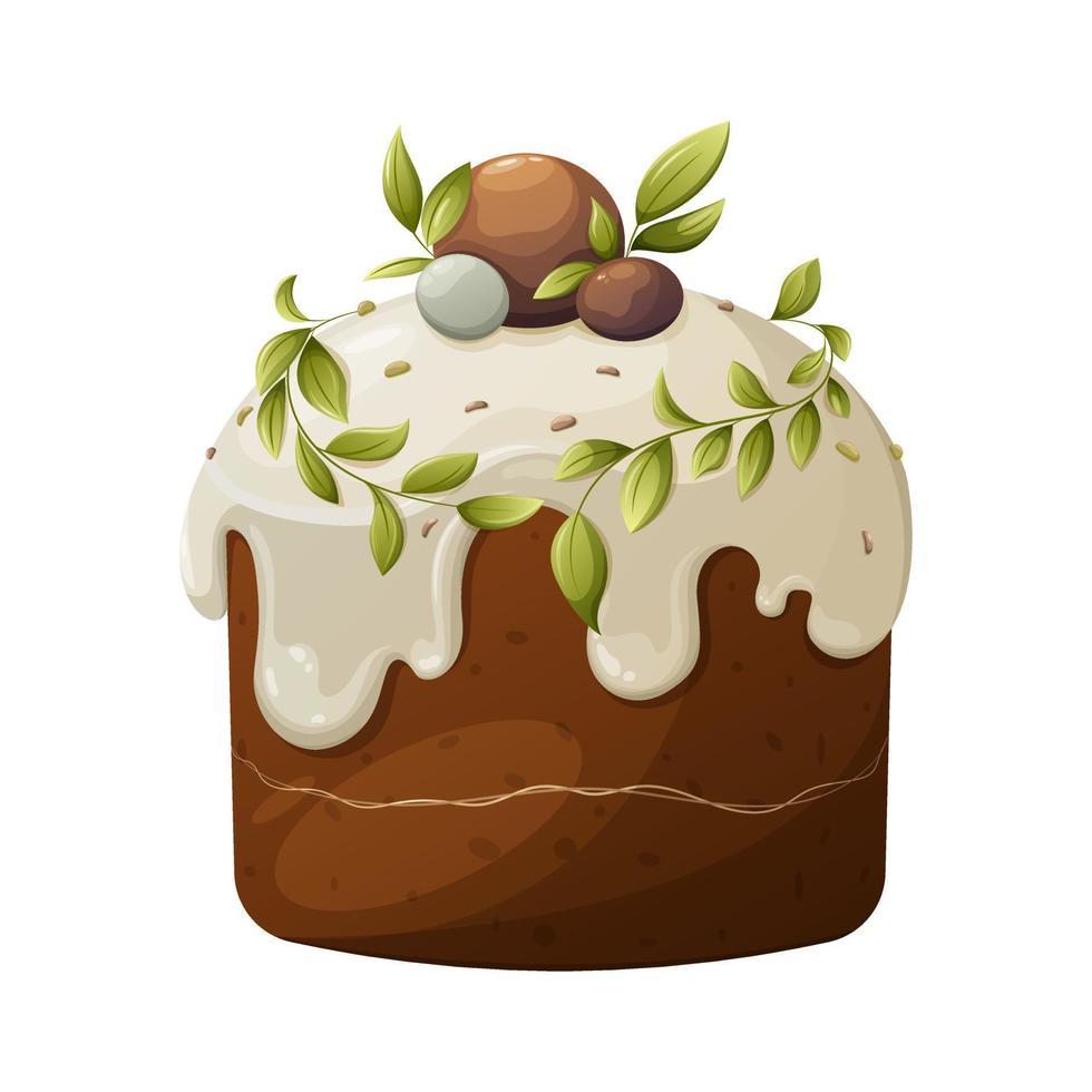 traditionell påsk kaka dekorerad med vit glasyr, färgrik godis, löv. isolerat vektor illustration, tecknad serie stil. ljuv mjöl produkt för de Semester