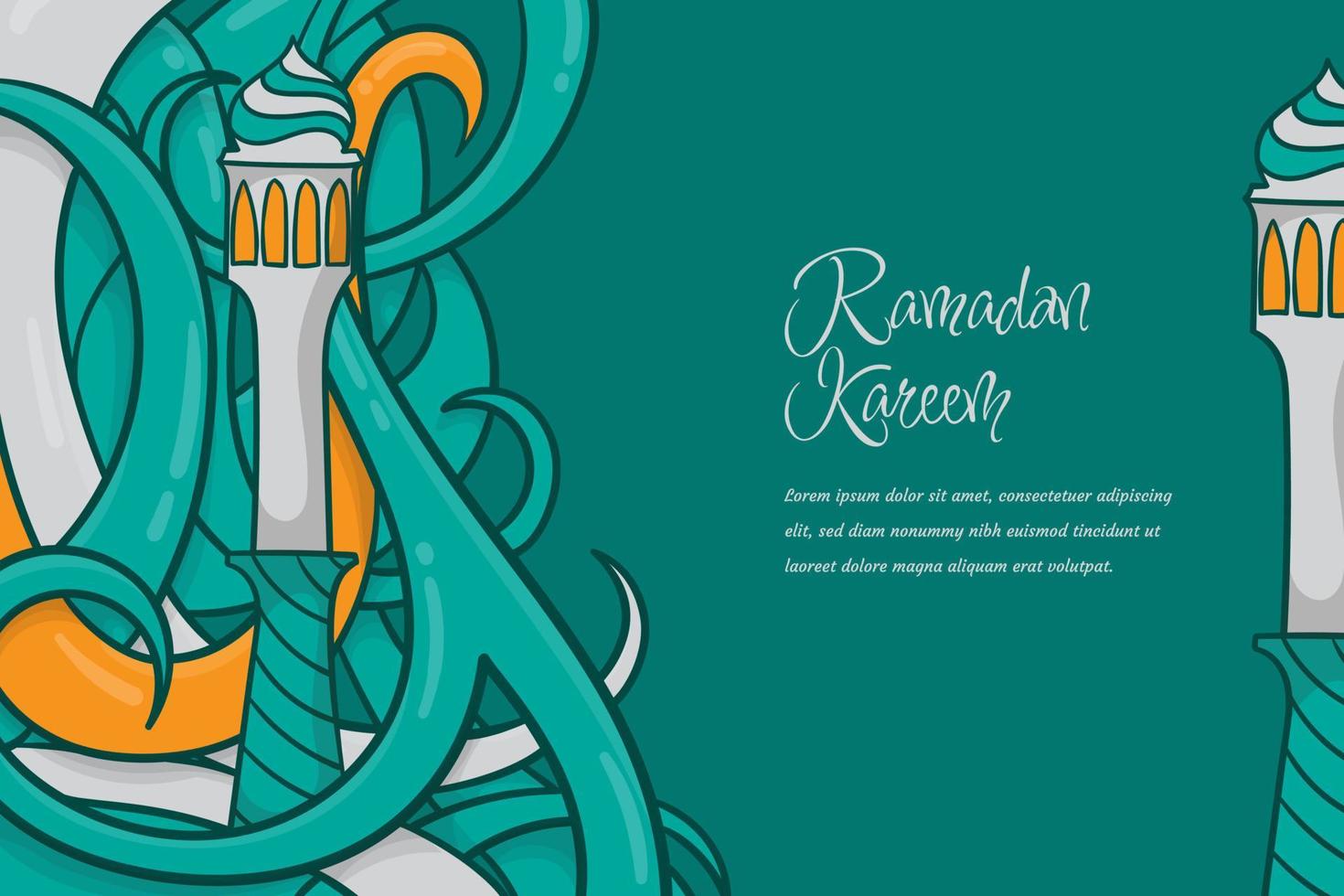 grüne ramadan-hintergrundschablone mit minarett und zweig im karikaturdesign vektor