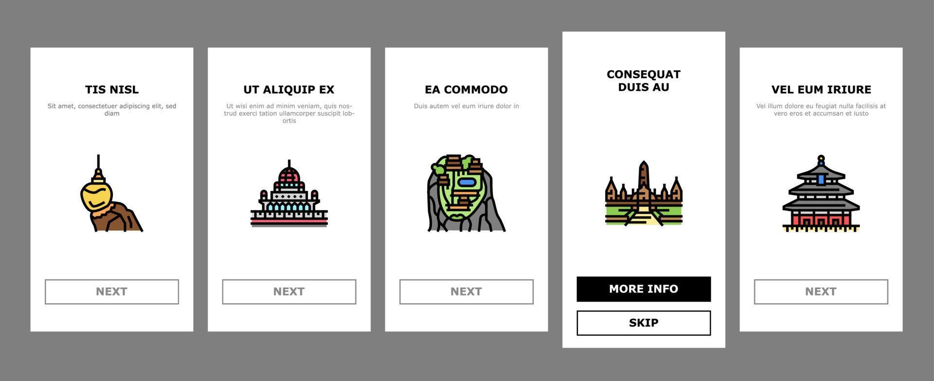 Asien byggnad och landa scape onboarding ikoner uppsättning vektor