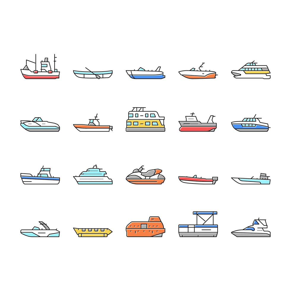 båt vatten transport typer ikoner set vektor