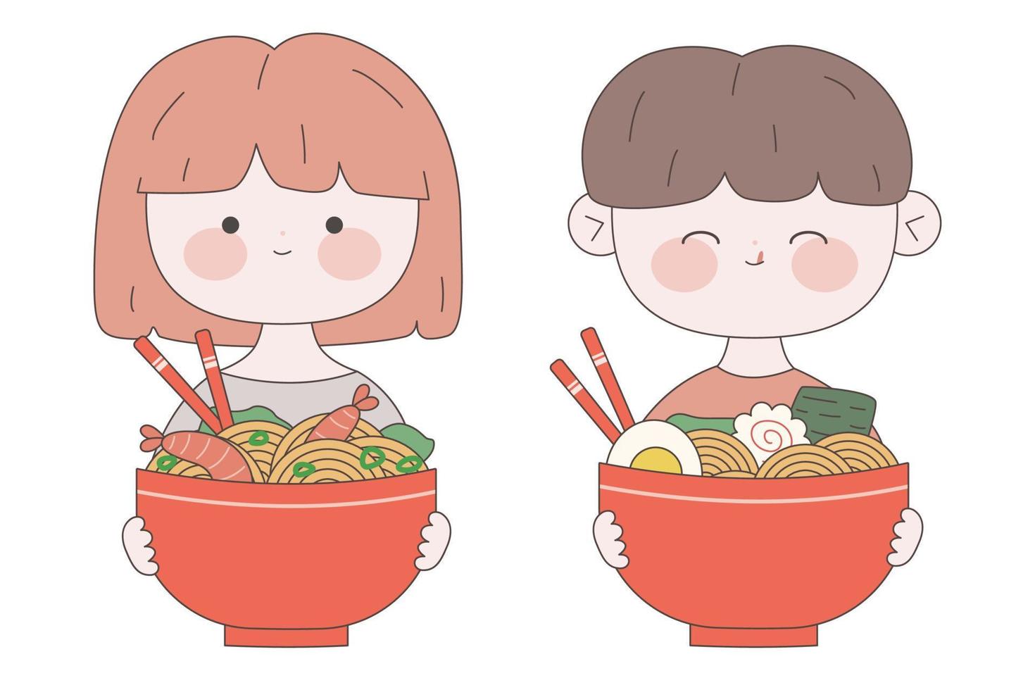 söt flicka med en tallrik av Ramen. söt japansk mat illustration. traditionell japansk nudel. asiatisk mat. vektor