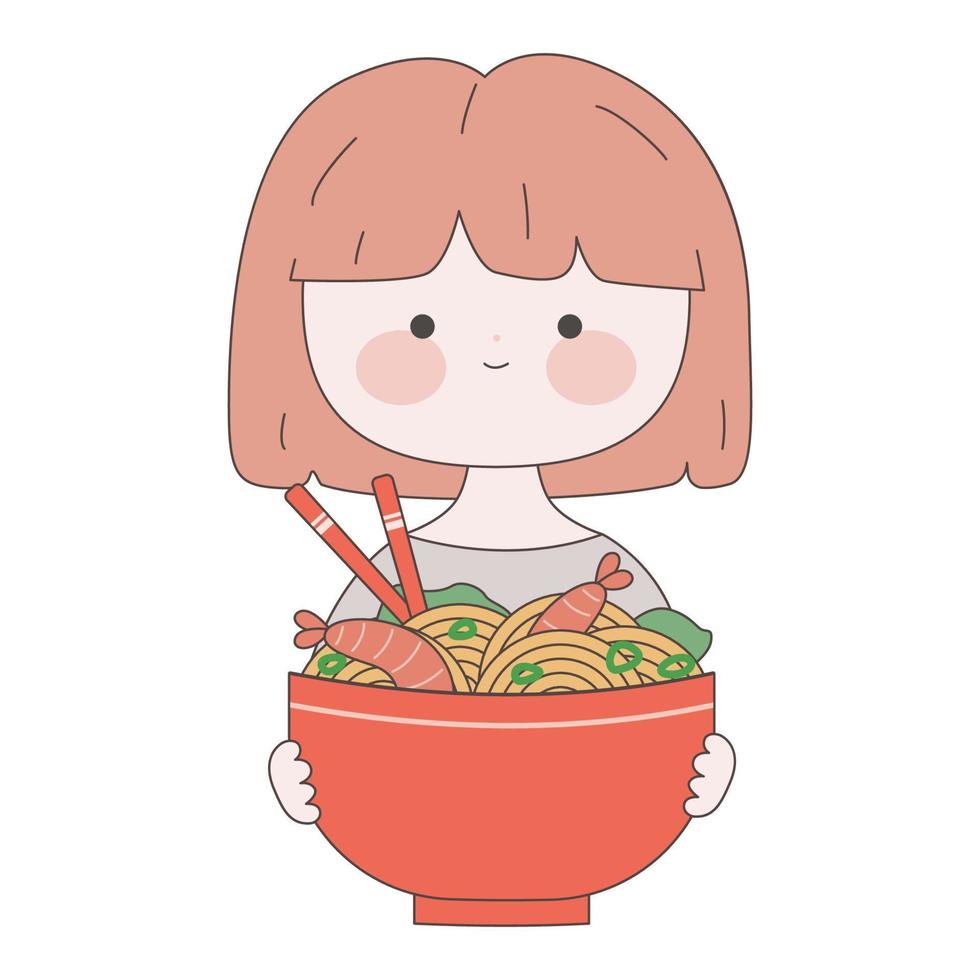 süßes Mädchen mit einem Teller Ramen. kawaii japanische lebensmittelillustration. traditionelle japanische Nudel. asiatisches Essen. vektor