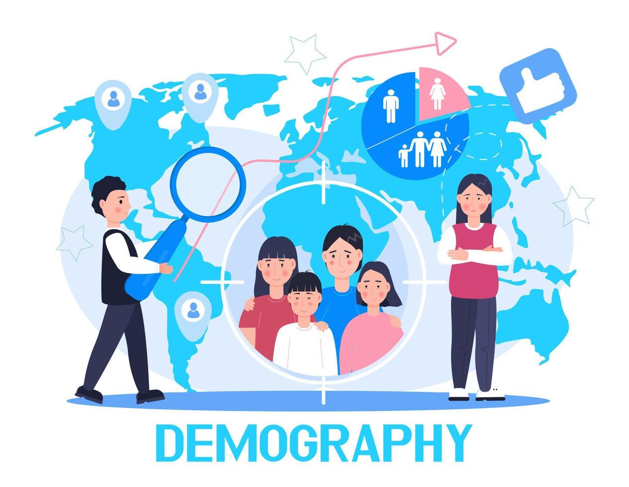 Demograph-Konzeptvektor für Zielseite. Bevölkerungswachstum der Welt. Demografische Experten analysieren Datenzahlen von Frauen, Männern, Familien. Diagramme, Karte, Beschriftung vektor