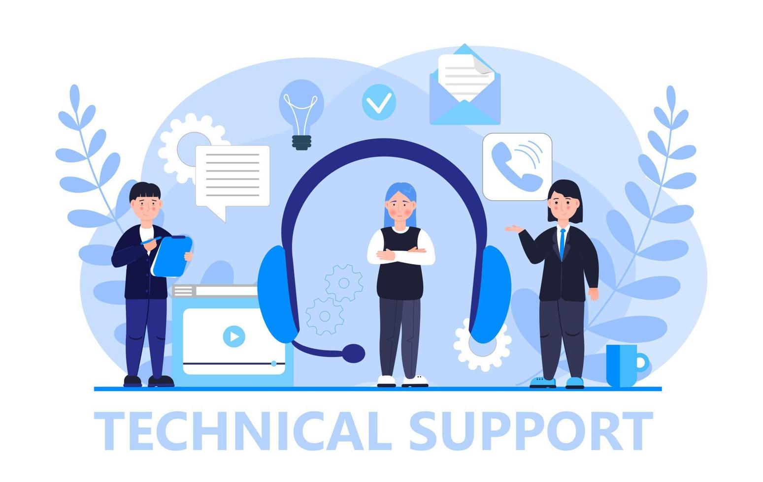 technischer Support oder Call-Center-Konzeptvektor. großer Kopfhörer und Assistenten werden angezeigt. digitale oder ai-technologieillustration. vektor