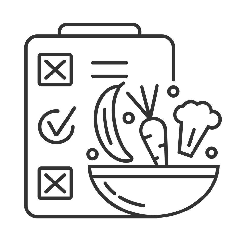 diet planen ikon vektor i översikt stil. hyvlare med anteckningar och en skål av grönsaker och frukter. blomkål, morot, banan är visad.