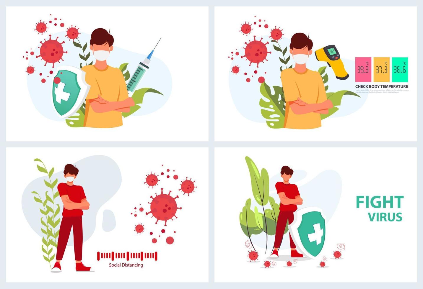 stellen sie die vektorillustration gegen das corona covid-19-virus ein. Corona-Virus heilen. Erde ist gegen das Konzept eines Virus. das konzept des corona-virus-impfstoffs. Ende 2019-ncov. hab keine angst vor dem cor vektor