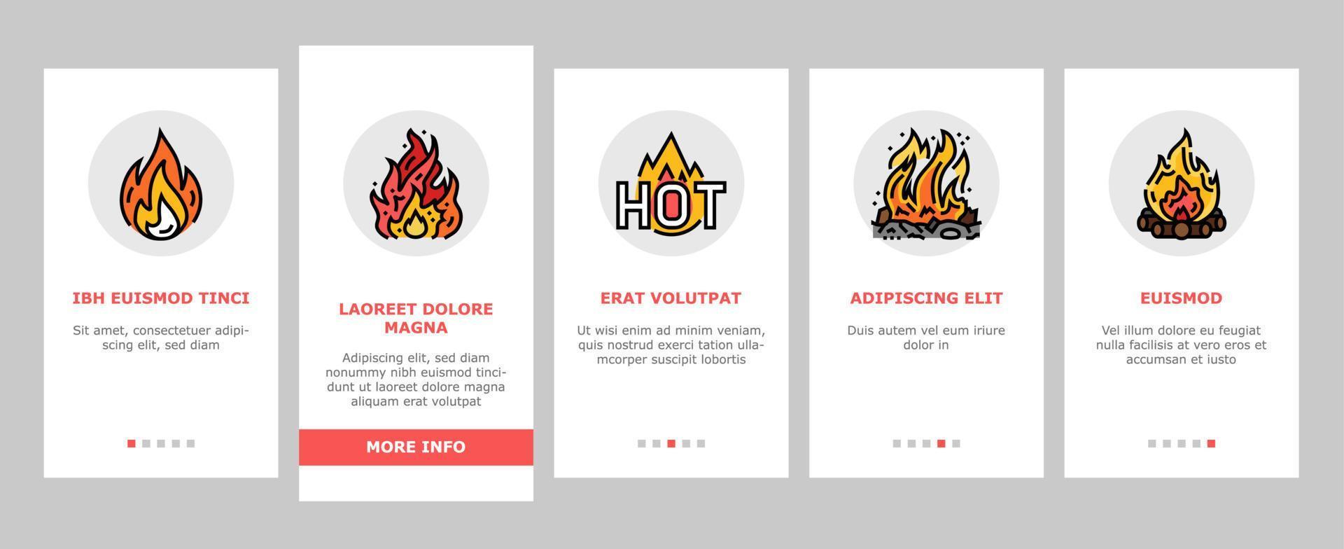 flamme heißes feuer brennen lagerfeuer hitze onboarding icons set vektor