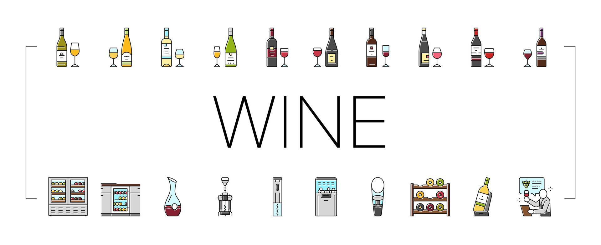 vin glas alkohol röd flaska ikoner uppsättning vektor