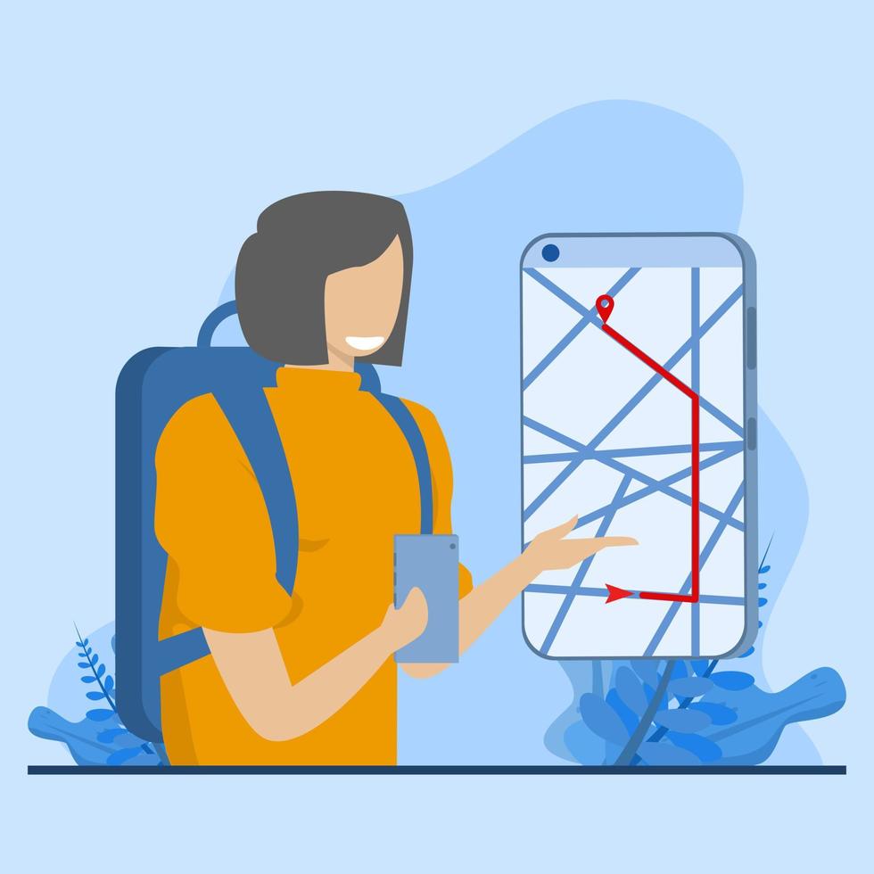 frau, die navigations-app verwendet, um ziel, reise, tourismus und reisende, mobile reisekarte, gps-navigationstechnologie-blautonillustration zu finden vektor