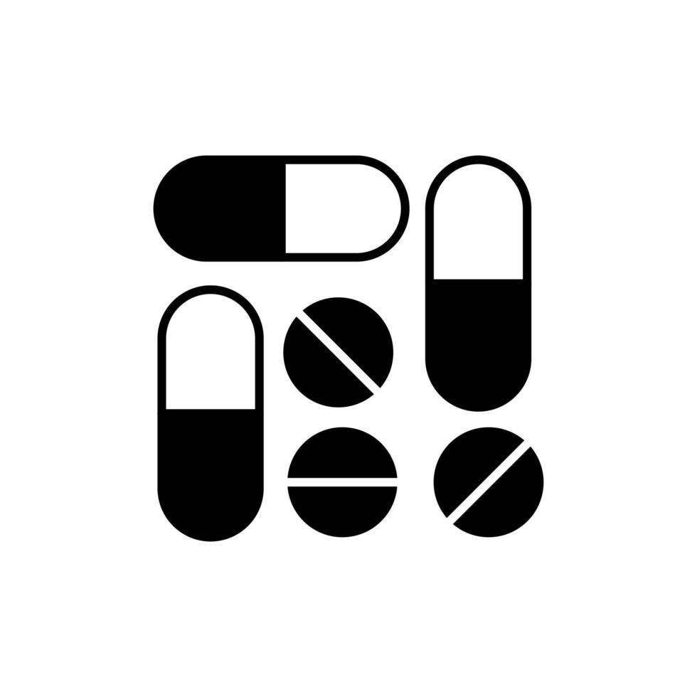 Kapseln und Tabletten für mit Medikamenten gefüllte isolierte Ikone. Vektorzeichen für Anwendungen, Bücher, Banner, Anzeigen, Websites, Geschäfte, Läden vektor