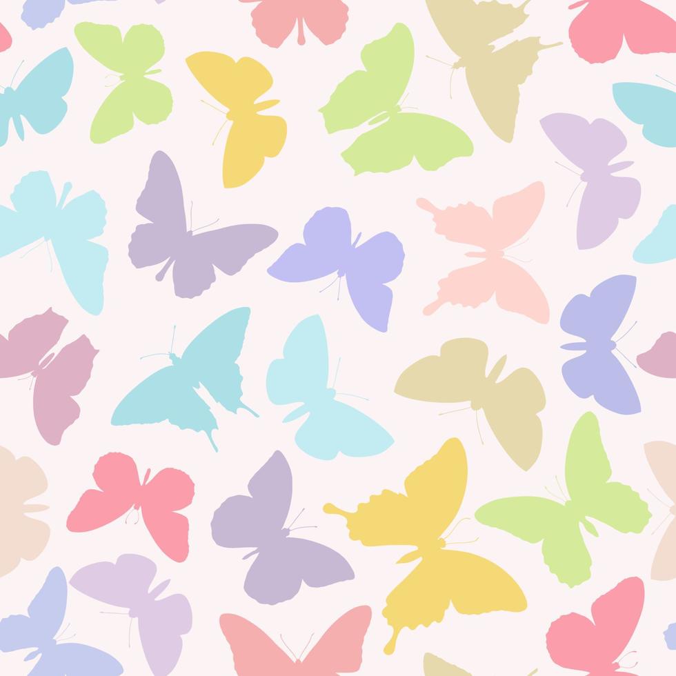 fjäril sömlös upprepa mönster design bakgrund. vektor illustration. slumpmässig färgrik fjäril och fjäril silhuetter, söt flickaktigt pastell mönster