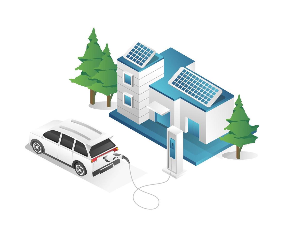 flaches isometrisches 3d-illustrationskonzept des aufladens von elektroautos zu hause vektor