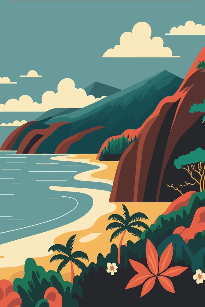 hawai seelandschaft mit bergen und meer. vektorillustration im flachen stil vektor