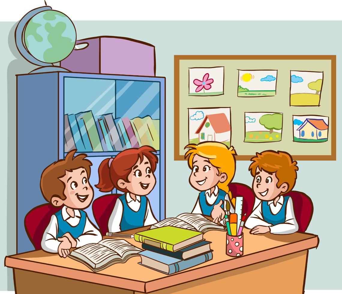 eine Gruppe von Kindern, die im Klassenzimmer am Tisch sitzen und gemeinsam lesen. oder Regale im Hintergrund. vektorillustration der studentenarbeitsgruppe.karikatur. vektor