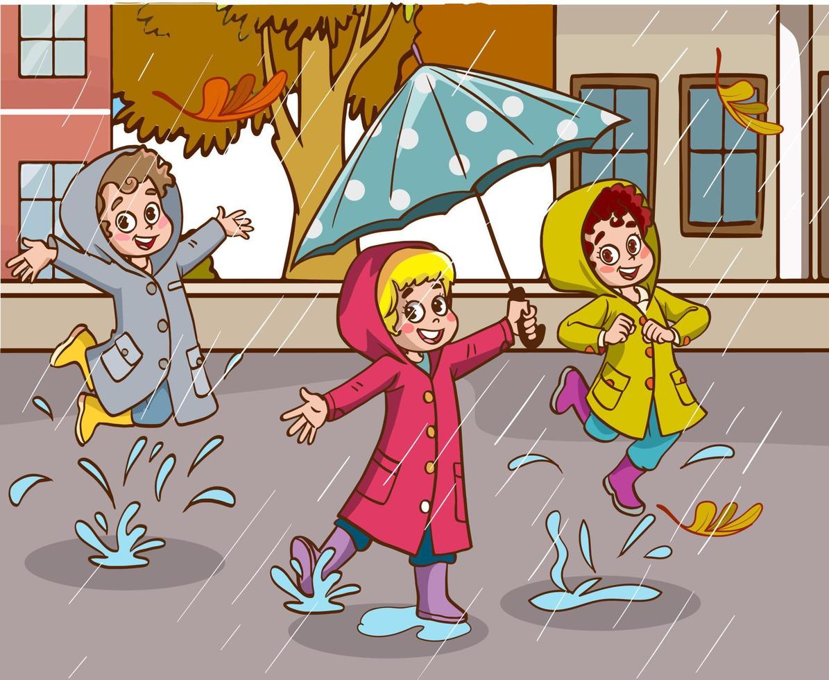 Kinder tanzen im Regen-Cartoon-Vektor vektor