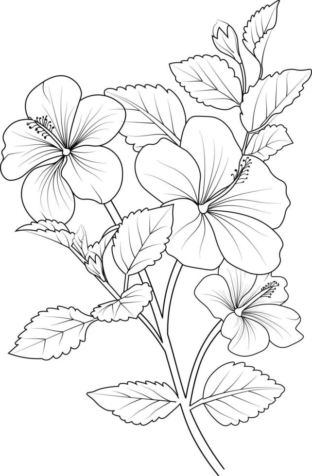 hibiskus blomma teckning hand dra blomma vas illustration, vektor skiss, dekorativ penna konst, bukett av blommig färg sida, och bok isolerat på vit bakgrund ClipArt.