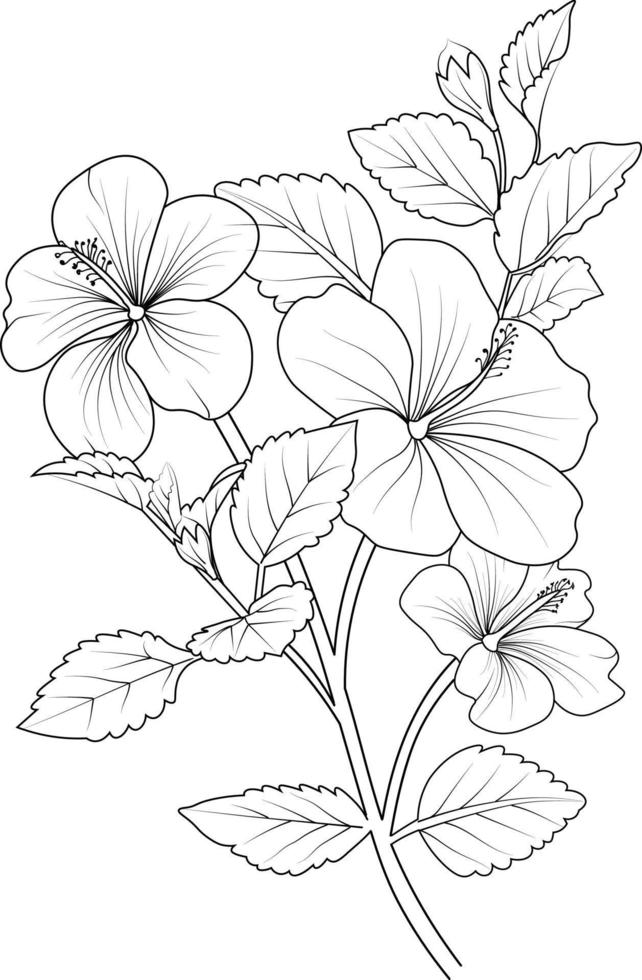 Hibiskus-Blume Zeichnung Handzeichnung Blumenvase Illustration, Vektorskizze, dekorative Bleistiftkunst, Blumenstrauß Malvorlagen und Buch isoliert auf weißem Hintergrund Cliparts. vektor