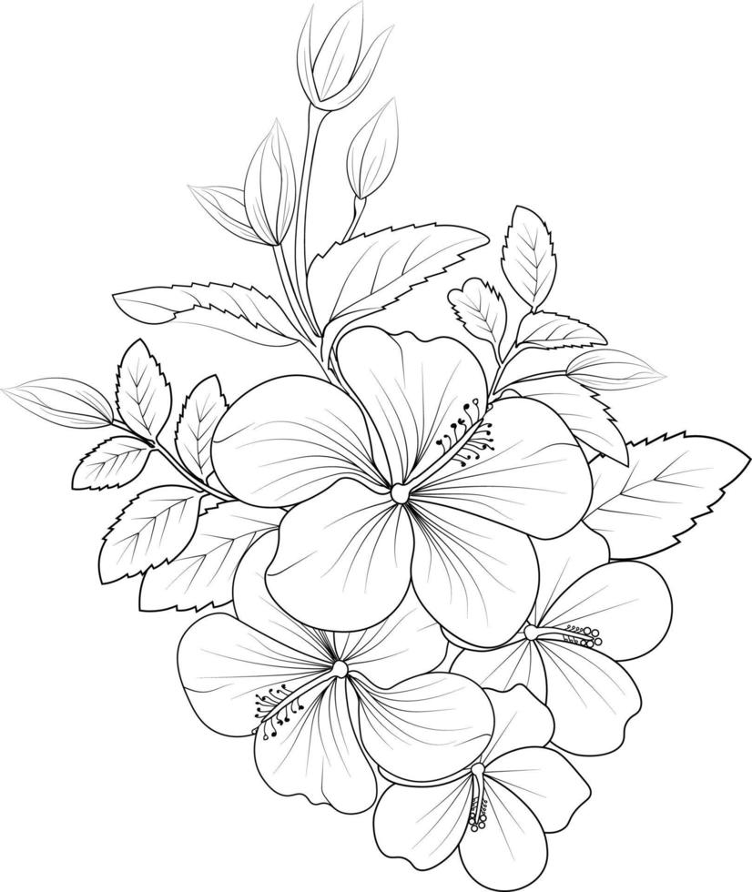 skön svartvit svart och vit bukett hibiskus isolerat på vit. ritad för hand design hälsning kort och inbjudningar för de bröllop, födelsedagar, hjärtans dag, mors dag, vektor