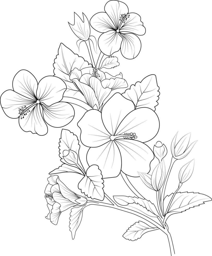 Hibiskus-Blume Zeichnung Handzeichnung Blumenvase Illustration, Vektorskizze, dekorative Bleistiftkunst, Blumenstrauß Malvorlagen und Buch isoliert auf weißem Hintergrund Cliparts. vektor