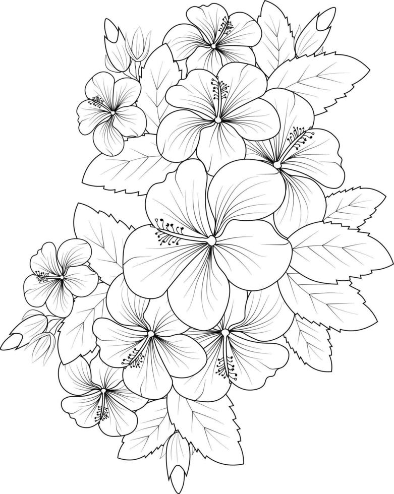 Hibiskus-Flowr-Vektorillustration eines schönen Blumenstraußes, handgezeichnetes Malbuch mit künstlerischen, Blütenblumen Sharon isoliert auf weißem Hintergrund Tattoo-Design. vektor