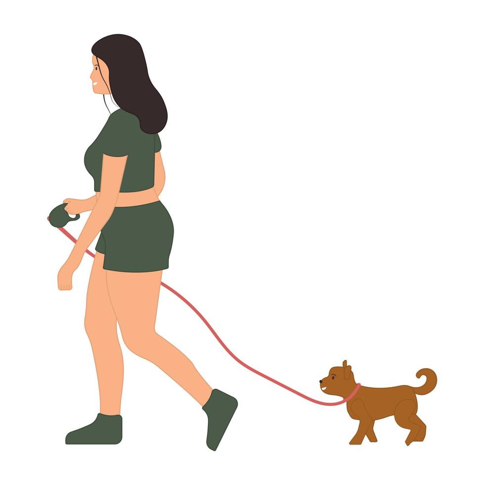 kvinna promenader med en hund på en koppel. vektor illustration