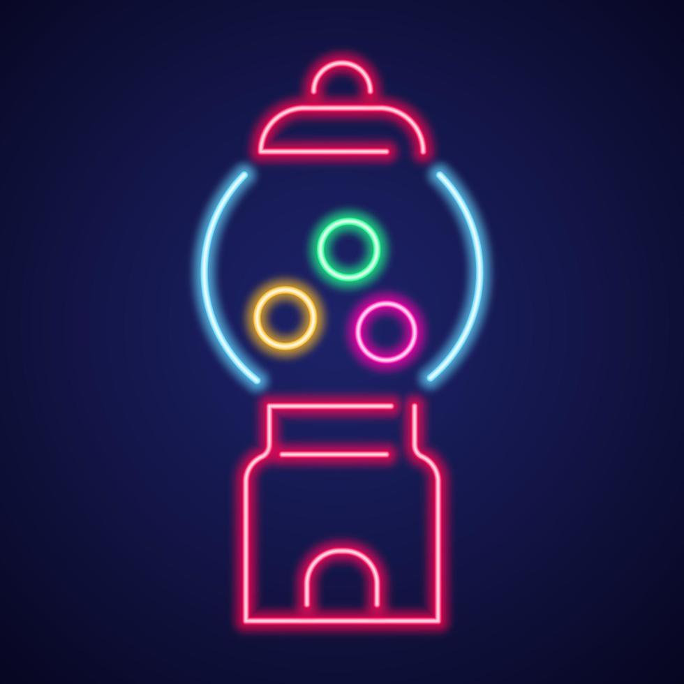 Neon-Ikone des Kaugummiautomaten. Retro-Verkaufsautomat für Süßigkeiten und Kaugummis. Süßigkeiten-Slot-Vektor-Illustration vektor