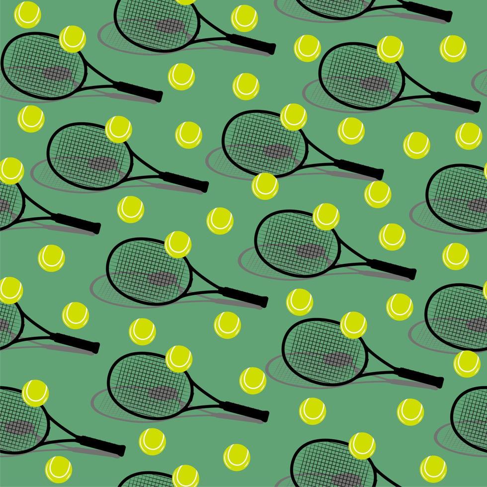 Tennisschläger und Bälle mit Schatten isoliert auf grünem, nahtlosem Hintergrund. Geschenkpapier, Textil, Druck, Stoff. vektor