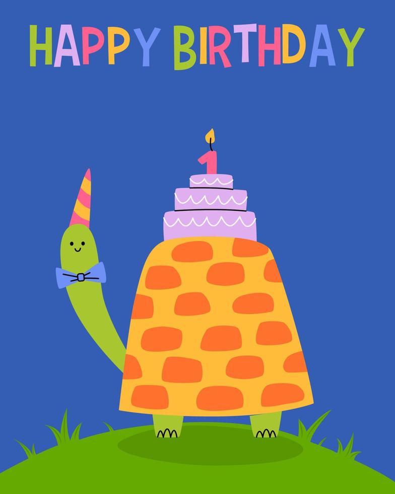 Lycklig födelsedag kort med roligt sköldpadda. söt djur- med kaka. barn hälsning kort för skriva ut. vektor tecknad serie illustration.