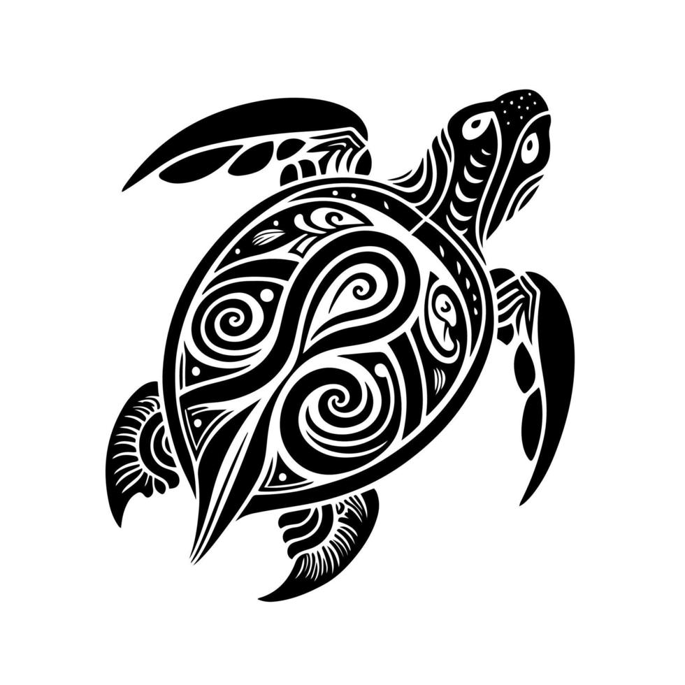 Meeresschildkröte mit Stammesverzierung. gestaltungselement für emblem, maskottchen, schild, plakat, karte, logo, banner, tätowierung. isolierte, schwarz-weiße Vektorgrafik. vektor