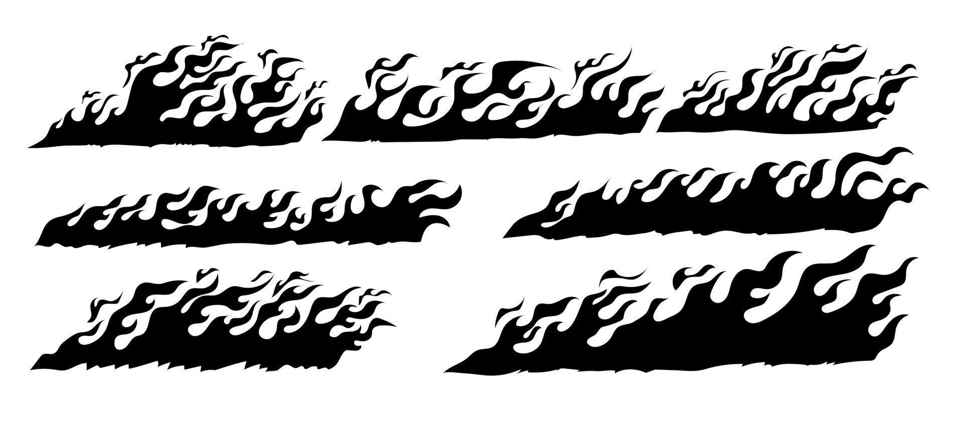 hand gezeichnete feuerillustration auf schwarzem hintergrund für elementdesign. Silhouette von Flammen im Set. vektor