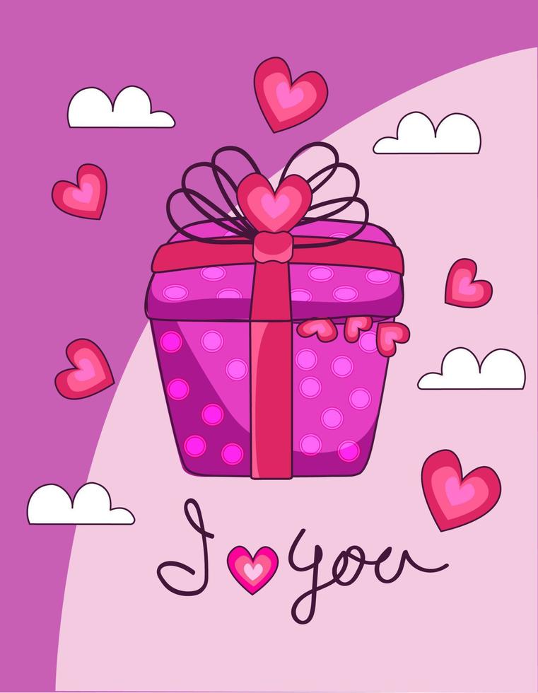 i love you.surprise pink, lila geschenkbox schweben am sky.vector illustration, isoliert auf einem lila backgrr, valentinstagfeier, vektorsymbol, flache illustration niedliche weiße wolken, rote herzen vektor