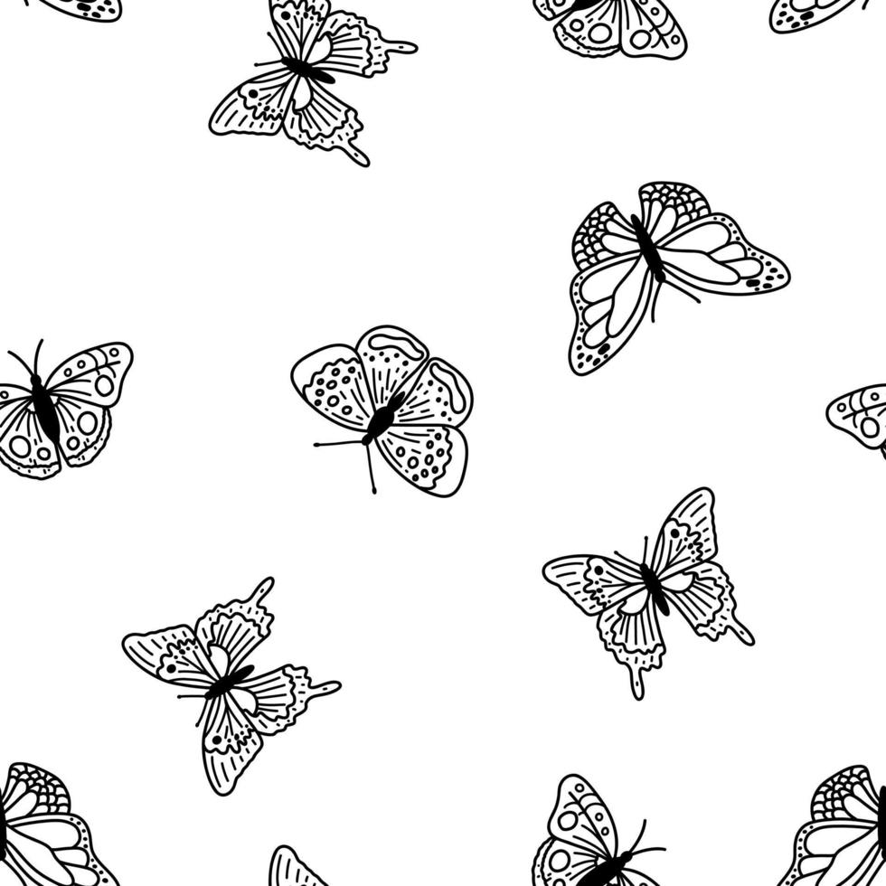 sömlös mönster med klotter fjärilar. hand dragen vektor bakgrund med insekter, linje illustration, entomologisk samling