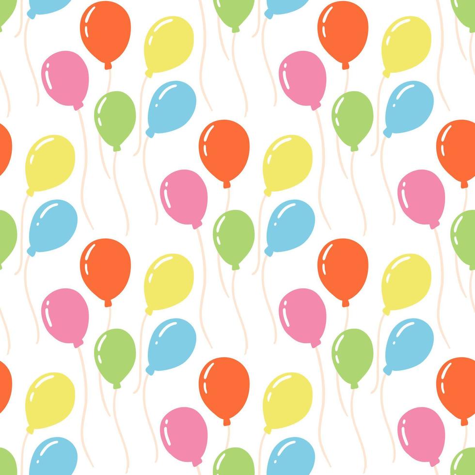 nahtloses muster mit bunten luftballons im flachen karikaturstil. vektorbeschaffenheit der geburtstags- oder partydekoration, fliegender ballon mit seil auf weißem hintergrund vektor