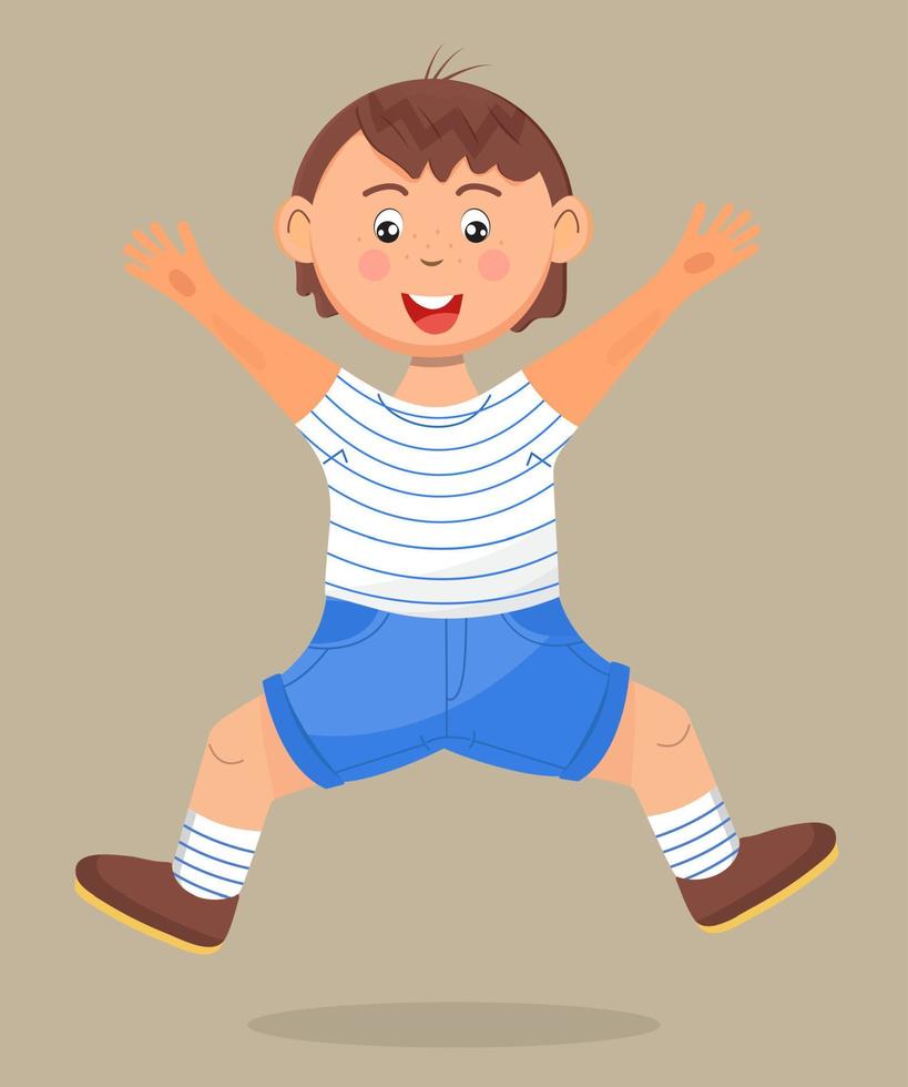 Lycklig skola unge Hoppar. tecknad serie karaktär har roligt, springer, hoppar, spelar. pojke illustration vektor isolerat