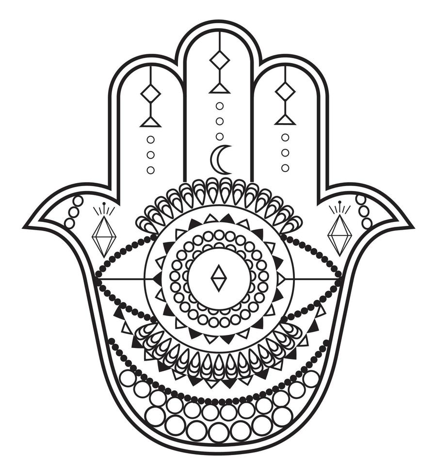 hamsa hand vektor med mystisk, esoterisk symboler tycka om pyramid, ondska öga. indisk Färg sida, tatuering, henna illustration. wicca, astrologiska, ockult konst.