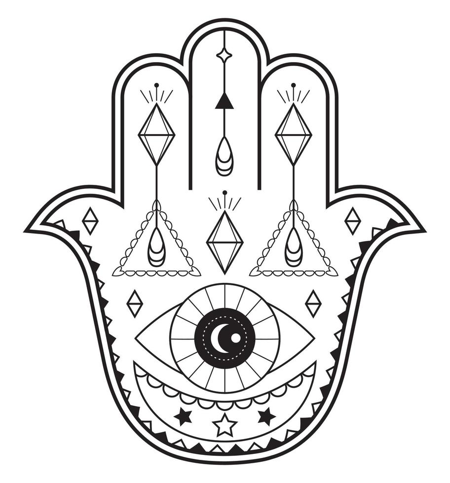 hamsa hand vektor med mystisk, esoterisk symboler tycka om pyramid, ondska öga. indisk Färg sida, tatuering, henna illustration. wicca, astrologiska, ockult konst.