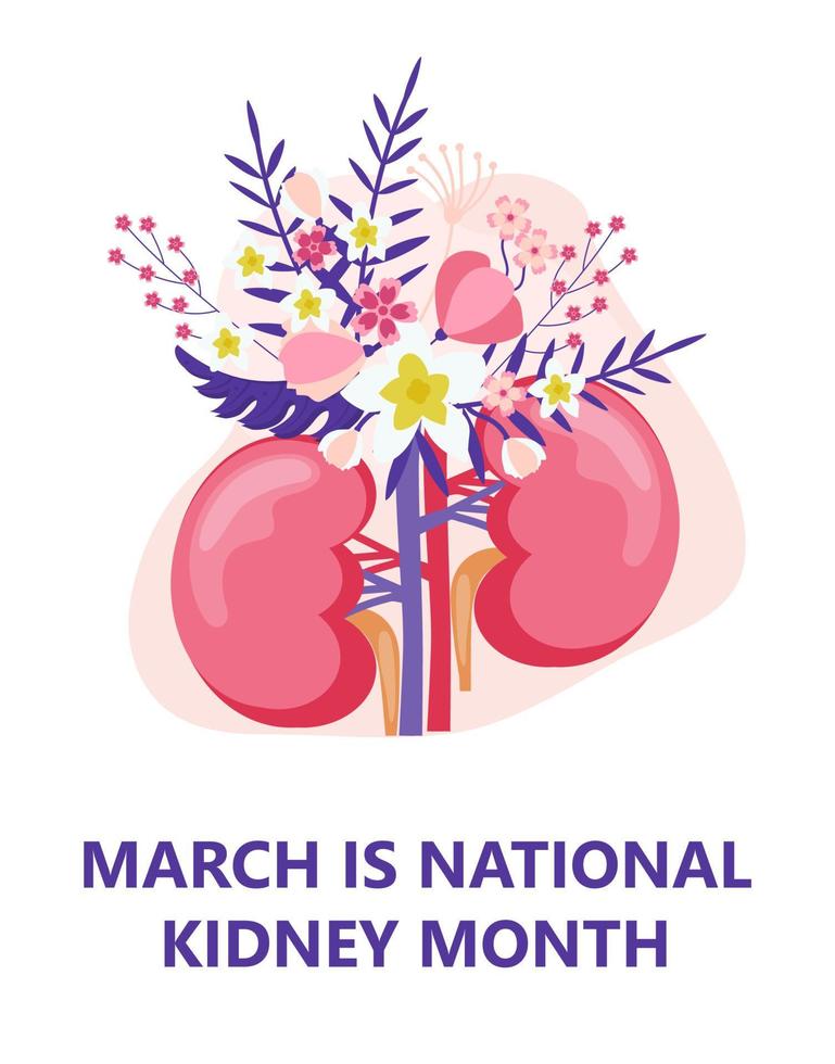 nationaler nierenmonatskonzeptvektor. Gesundheitsereignis wird im März gefeiert. Nieren sind auf dem Blumenmuster abgebildet vektor