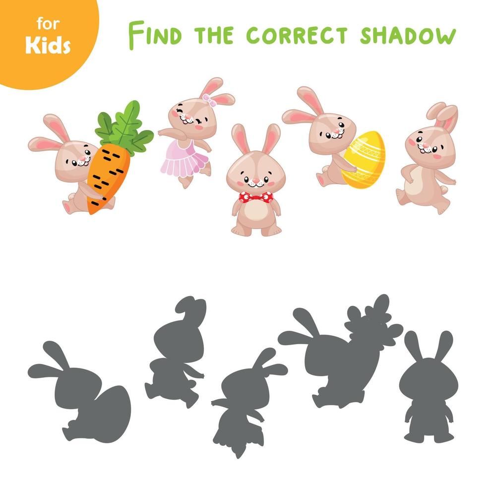 Minispiel für Kinder. Finden Sie den richtigen Schatten für jedes Kaninchen. aktives Spiel, Arbeitsbuch. lehren, das Kind lehren. einfaches Malbuch für Kinder, Schulvorbereitung, Lernen, Spaß, Puzzles vektor