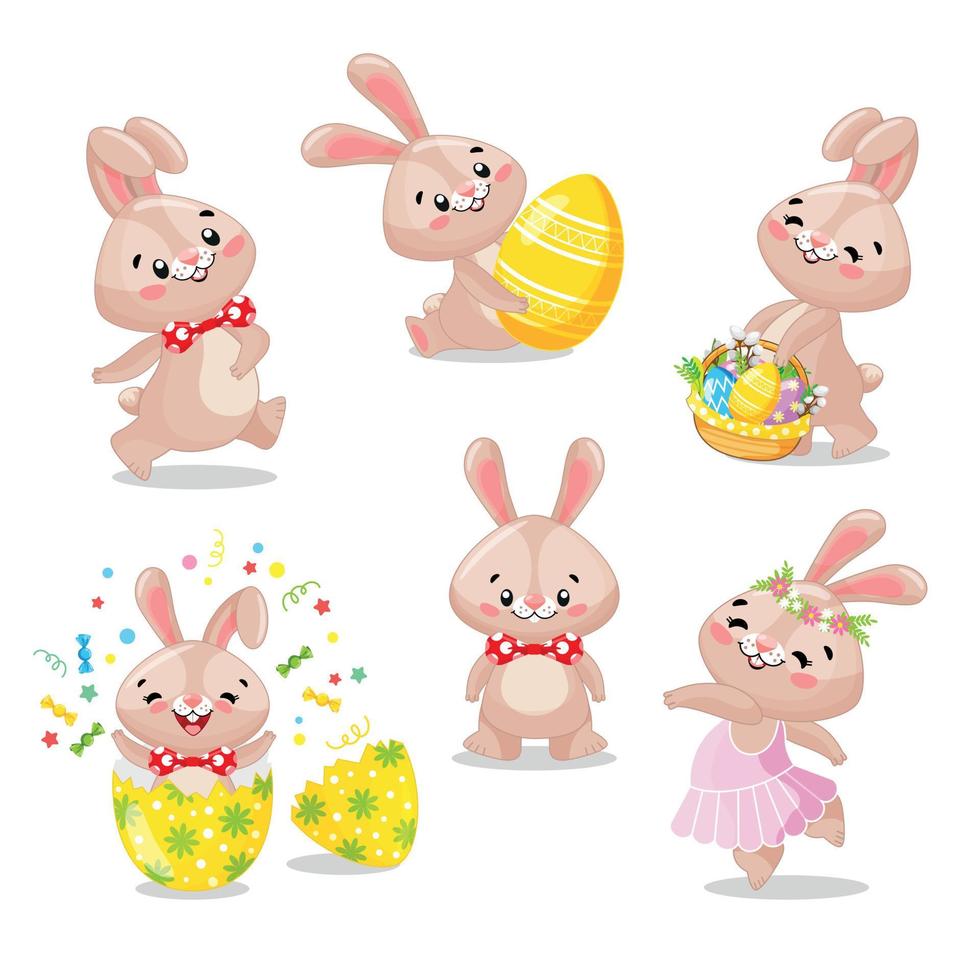 en uppsättning av söt påsk kaniner för barns böcker. söt kanin hoppar ut av de ägg, innehav de ägg, ballerina kanin. uppsättning av design element för dekoration eller klistermärke. vektor