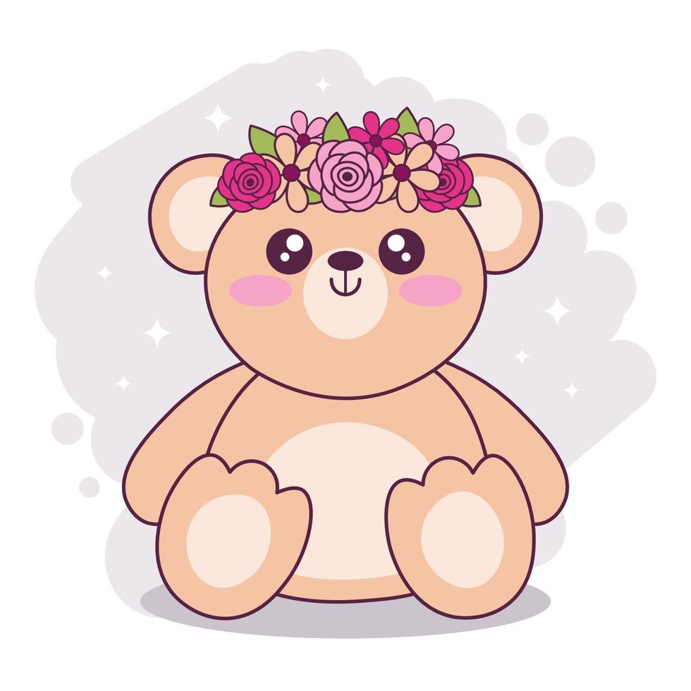 handgezeichneter süßer kawaii teddybär. entzückender bärenkarikaturcharakter mit blumenblumenstrauß. kindisches T-Shirt-Print-Design vektor