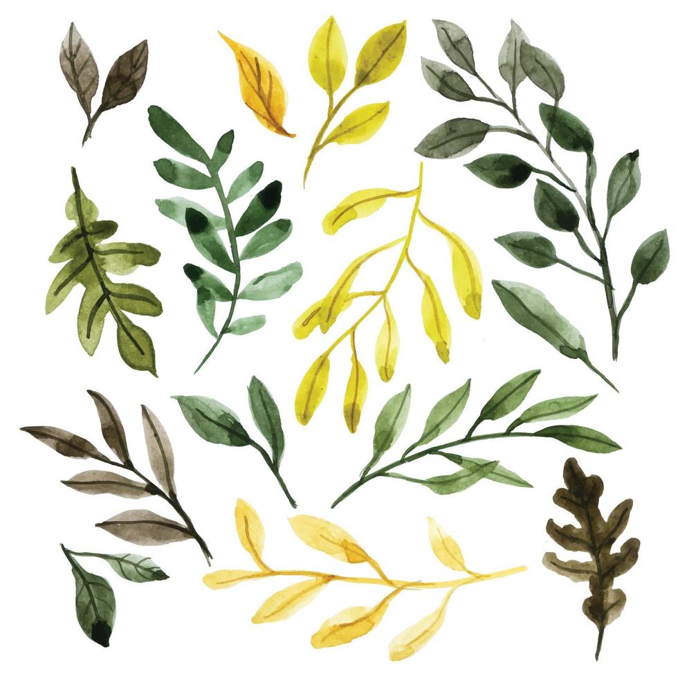 aquarellset mit herbstblättern. abstrakter Druck mit gelben und braunen Baumblättern, Wald. vektor