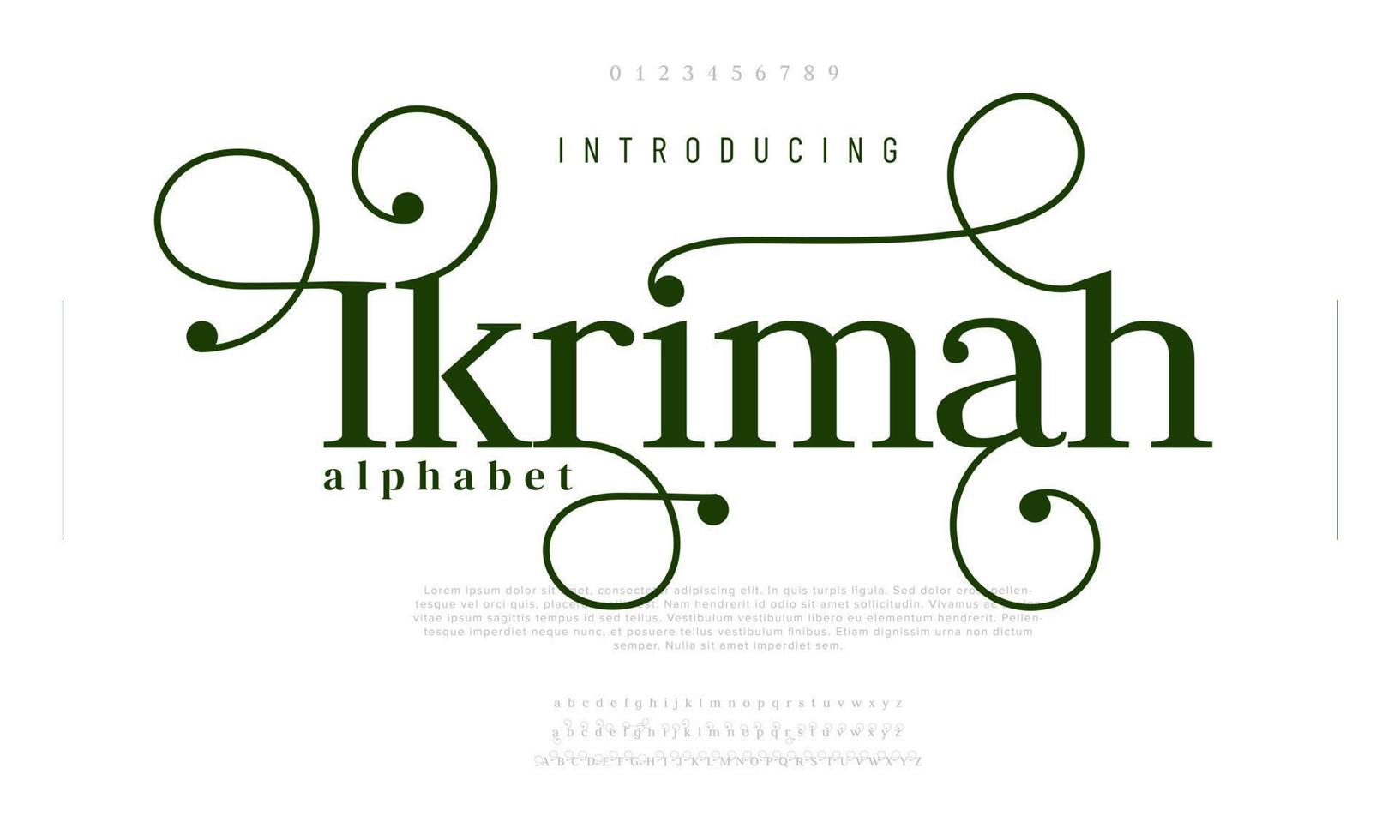 ikrimah swash lyx font. elegant typsnitt för bröllop, inbjudan, mode vektor