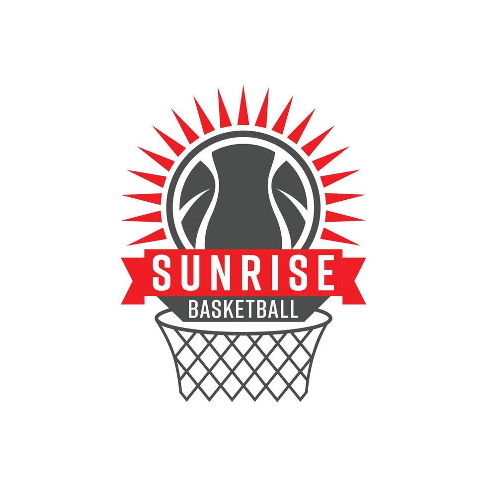 soluppgång basketboll logotyp vektor illustration mall röd och grå.