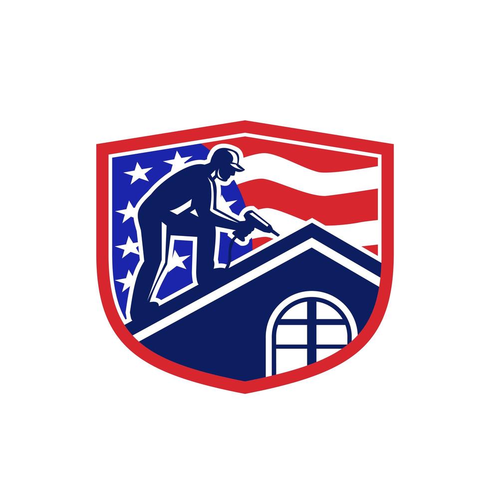Retro-Wappen oder Emblem der amerikanischen Dachdecker-USA-Flagge vektor
