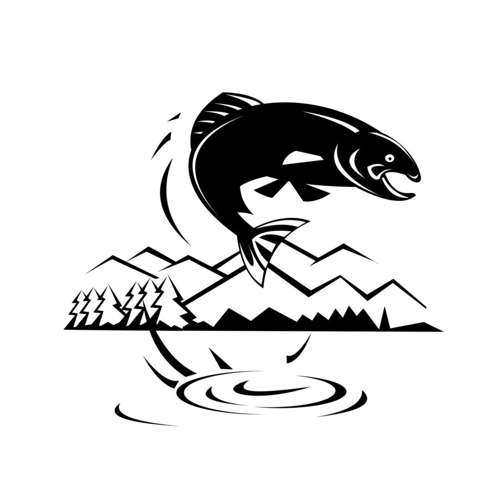 öring fisk hoppar i sjön med träd och berg retro svartvit design vektor