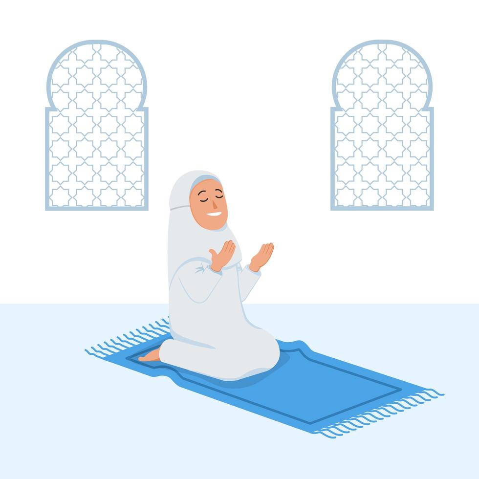 Mädchen Moslem sitzen und beten auf Gebetsmatte vektor