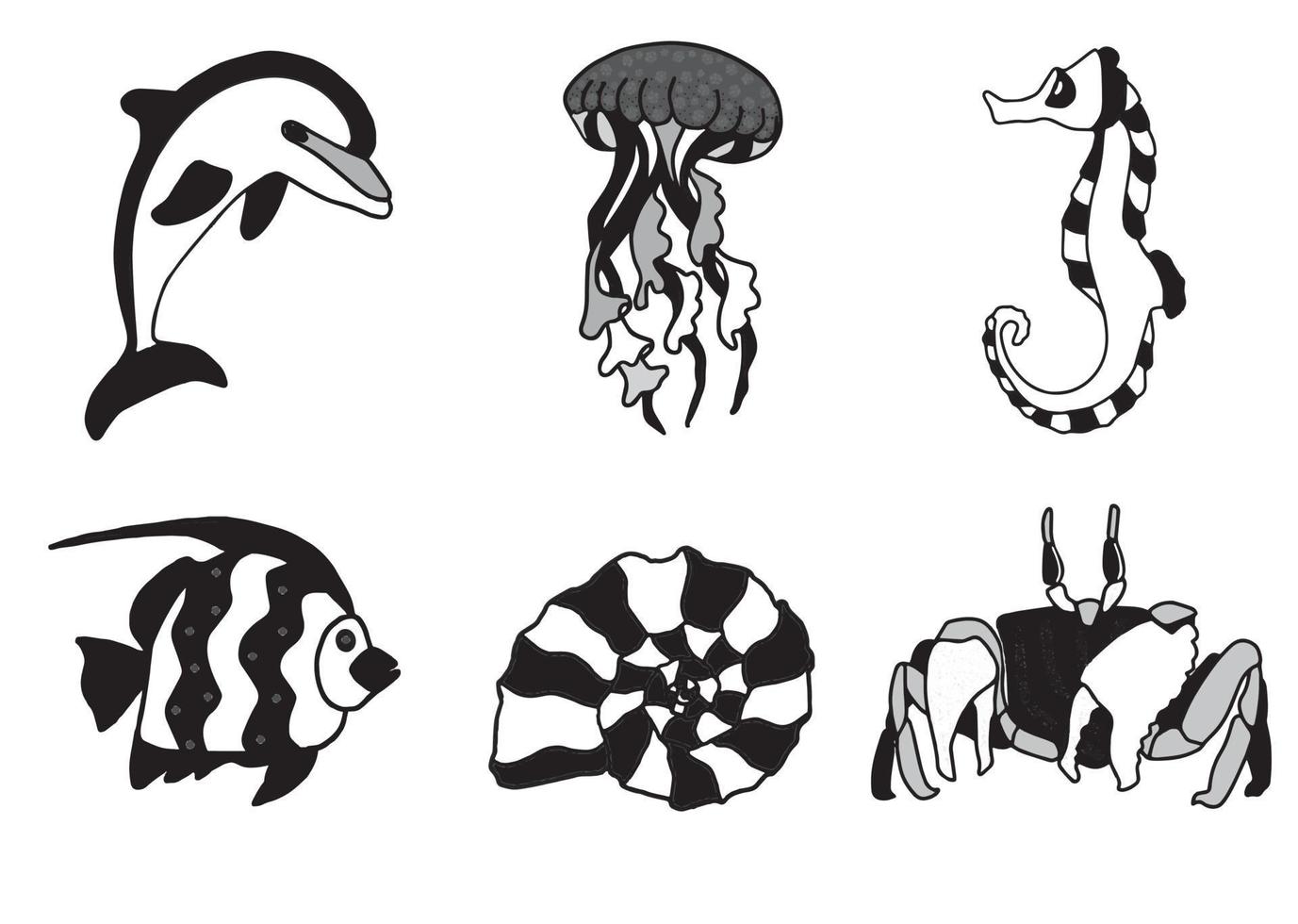 Meereslebewesen monochromes Set mit Delfinen, Quallen, Seepferdchen, Fischen, Muscheln und Krabben. Vektor-Eps-Illustration mit transparentem Hintergrund. Designvorlage, Aufkleber, Erstellen von Mustern. vektor