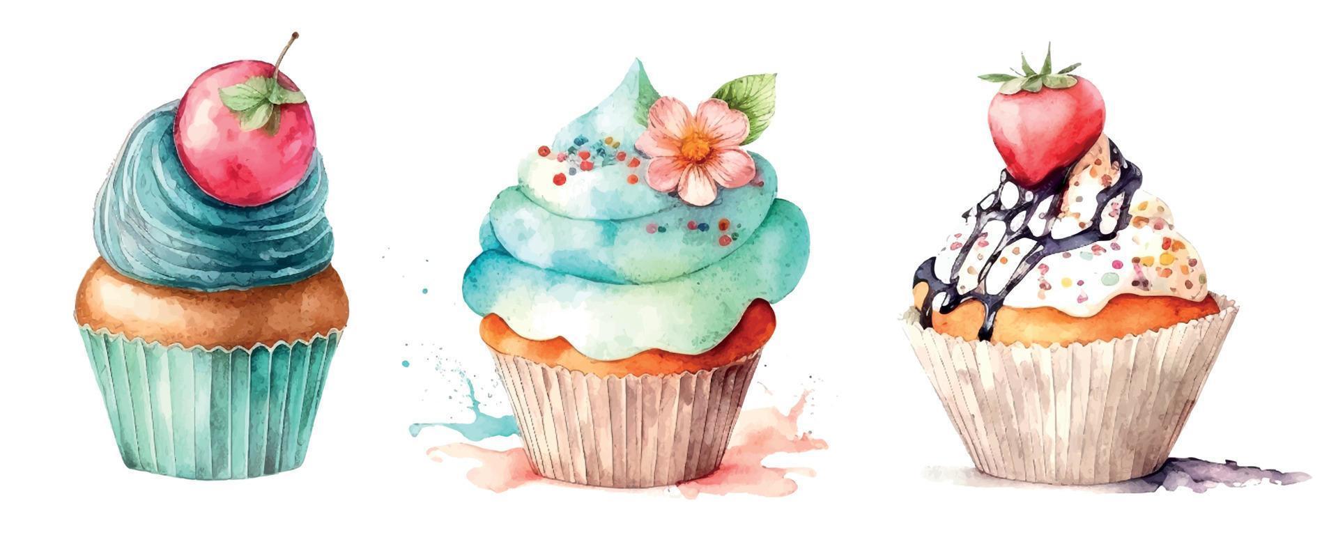 Cupcake-Set mit Sahne. aquarellillustration eis vektor