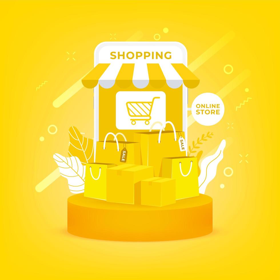 Online-Shopping auf dem Handy. Einkaufstaschen und Kisten auf gelbem Hintergrund. Online-Shop auf mobile Anwendung. vektor