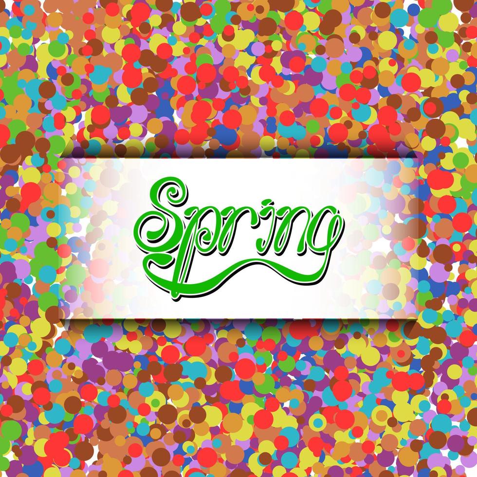 Frühlingsgrüne Vektorbeschriftung auf abstraktem mehrfarbigem Hintergrund mit unregelmäßigen Kreisen. Text-Vektor-Illustration. handgezeichnetes inspirierendes zitat. vektor